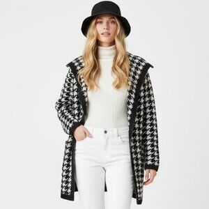Max Studio Black & Ivory Soft Cozy Open Front Herringbone Cardigan Sweater NEW S